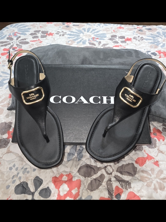 Coach Accessories - COACH Black Leather Thong Sandals with Gold Hardware